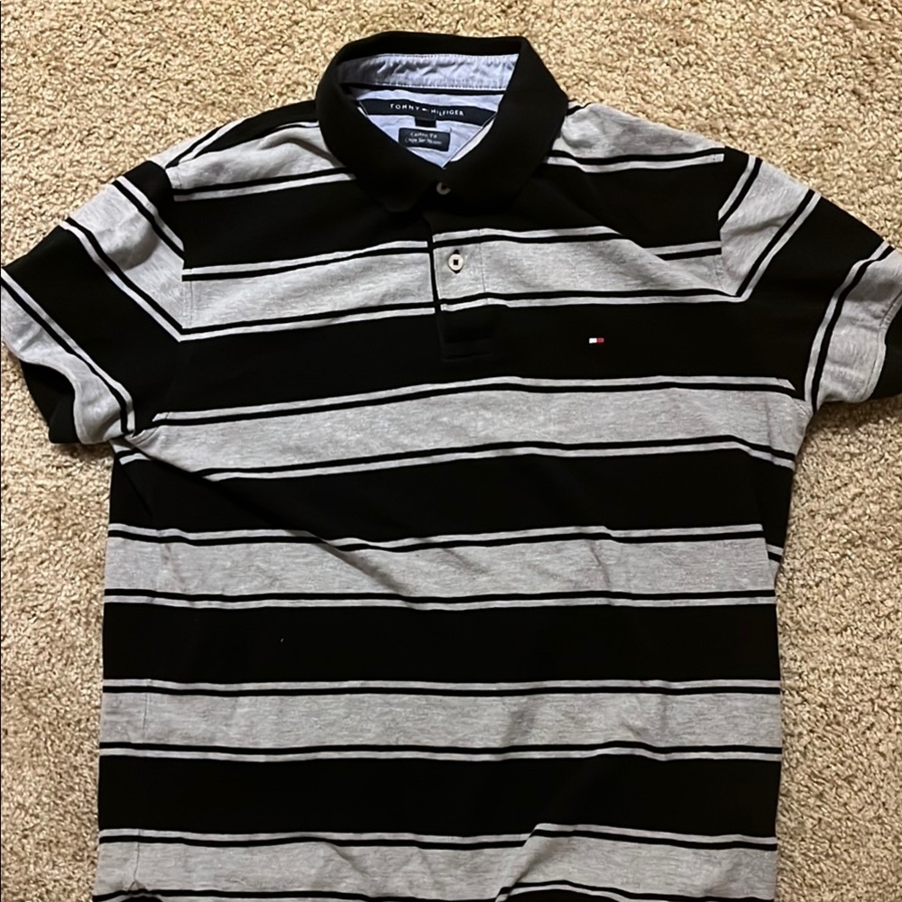 Tommy Hilfiger Black and Gray Striped Polo Shirt